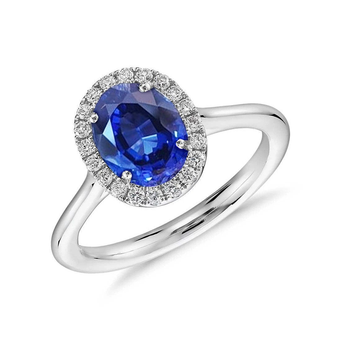 Anello con zaffiro di Ceylon ovale con diamanti, oro bianco 3 kt 14K - harrychadent.it