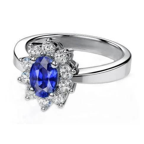 Zaffiro Ceylon taglio ovale e rotondo 2,10 ct. Anello Diamante Oro Bianco 14K - harrychadent.it