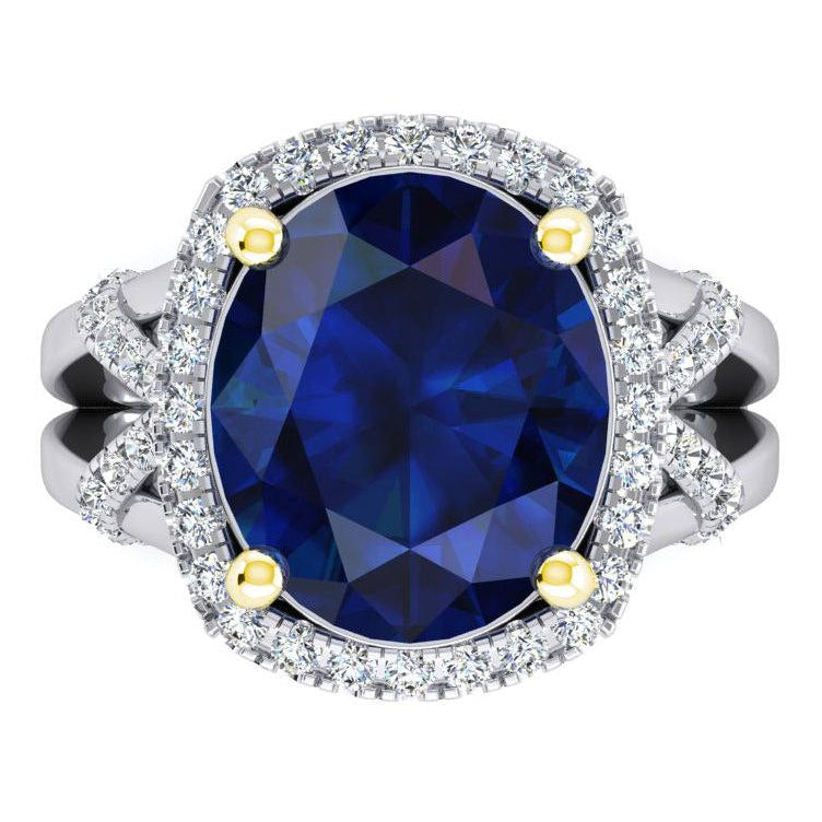 Anello con zaffiro blu ovale e diamanti a taglio rotondo 7,80 carati
