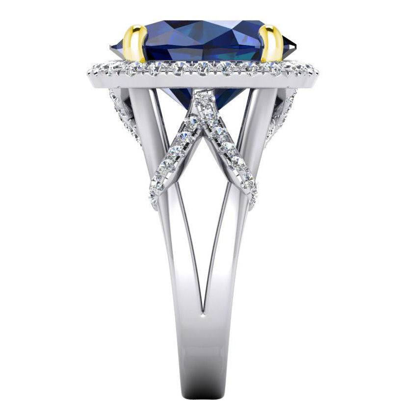 Anello con zaffiro blu ovale e diamanti a taglio rotondo 7,80 carati