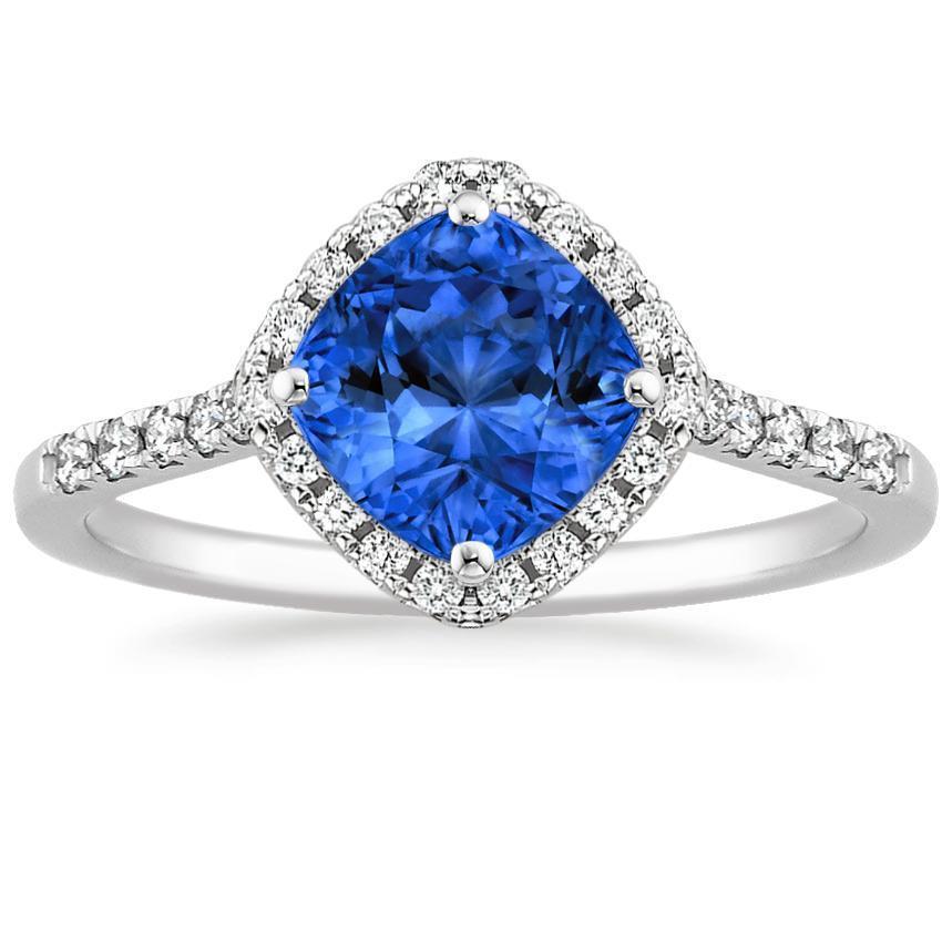 Anello con zaffiro blu taglio cuscino e diamante rotondo 3 ct. Oro bianco 14K - harrychadent.it