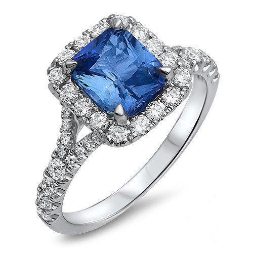Anello con zaffiro di Ceylon a taglio radiante e diamante rotondo da 3 ct. Oro bianco 14K - harrychadent.it