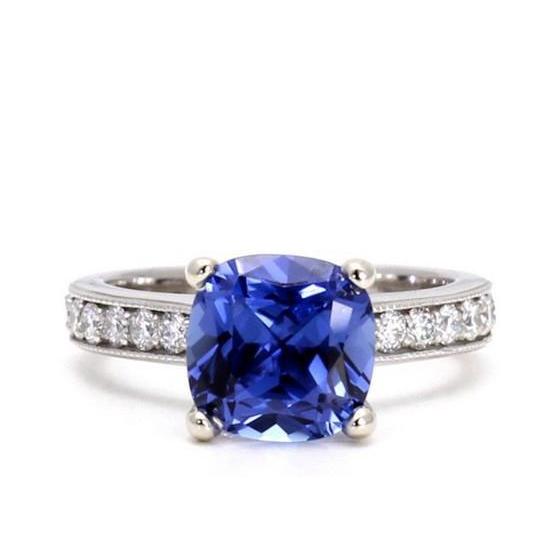 Anello con diamanti e zaffiro di Ceylon taglio rotondo, 3,30 carati, WG 14K - harrychadent.it