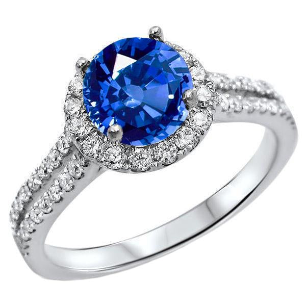Anello in oro bianco 14 carati con zaffiro di Ceylon rotondo da 5 ct con diamanti - harrychadent.it