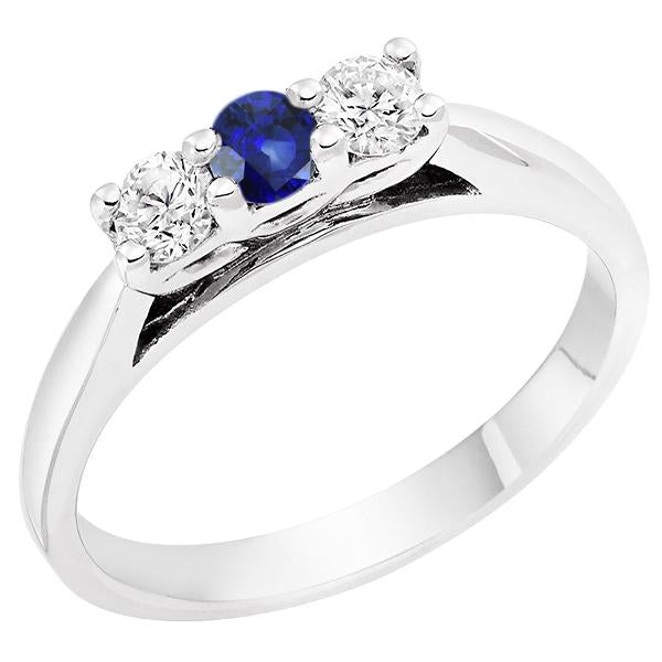 Anello da donna con 3 pietre tonde diamanti e zaffiri da 1,50 carati e polo condiviso in Oro Bianco 14 Carati - harrychadent.it