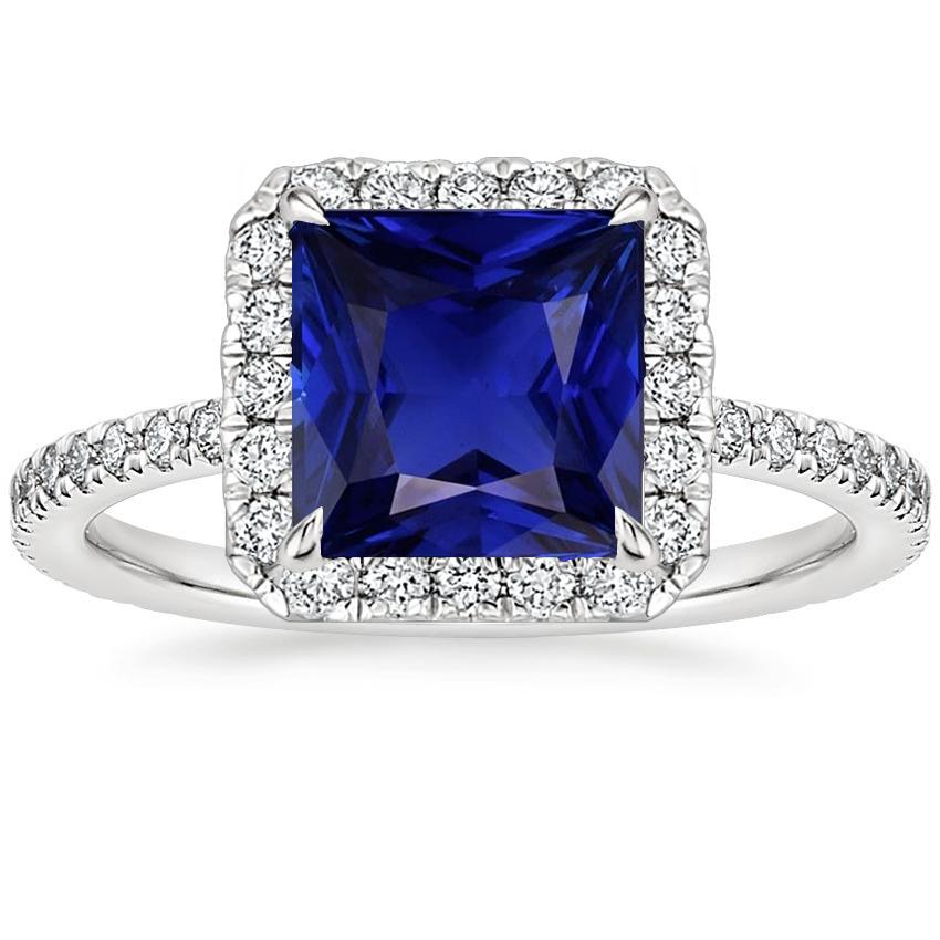 Anello da donna con diamante Halo Princess Blue Sapphire Center 6.50 Carats Gold - harrychadent.it