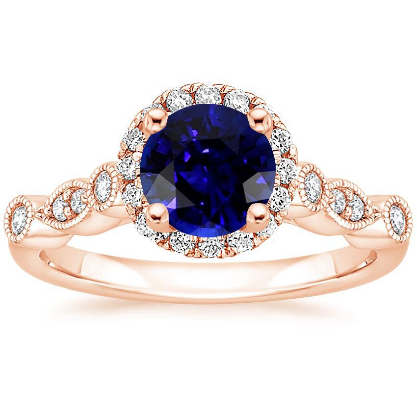 Anello da donna con zaffiro blu rotondo e diamanti 4 carati Milgrain in oro rosa - harrychadent.it
