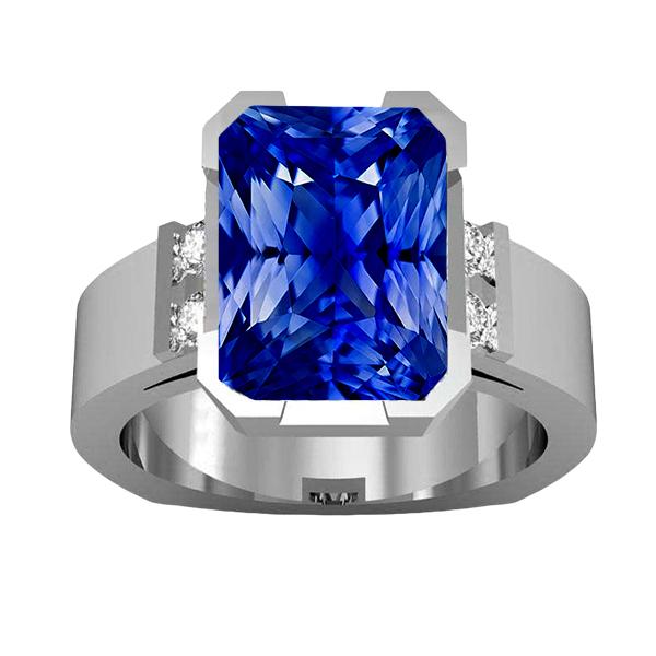 Anello da uomo con zaffiro blu 4 carati con barra incastonata in oro con diamanti Princess