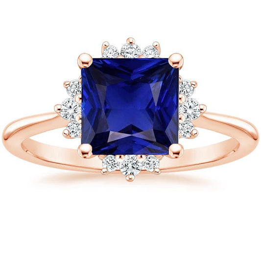 Anello di fidanzamento con diamante Halo 6 carati con zaffiro blu principessa in oro rosa - harrychadent.it