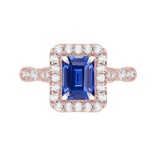 Anello di fidanzamento con zaffiro blu 3 carati taglio smeraldo in oro rosa Milgrain - harrychadent.it