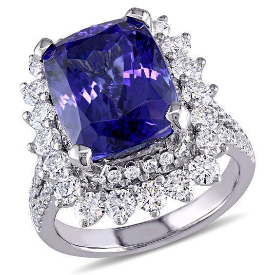 Anello in oro bianco 14K con tanzanite grande e piccoli diamanti da 7.75 carati - harrychadent.it