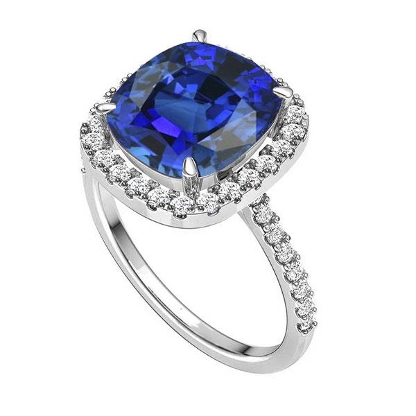 Anello in oro bianco con cuscino aureola Srilanka con zaffiro 4.50 carati - harrychadent.it
