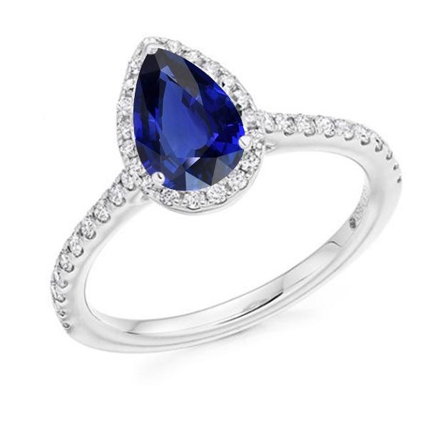 Anello in oro bianco con pera aureola e zaffiro dello Sri Lanka. 3.50 carati di diamanti - harrychadent.it