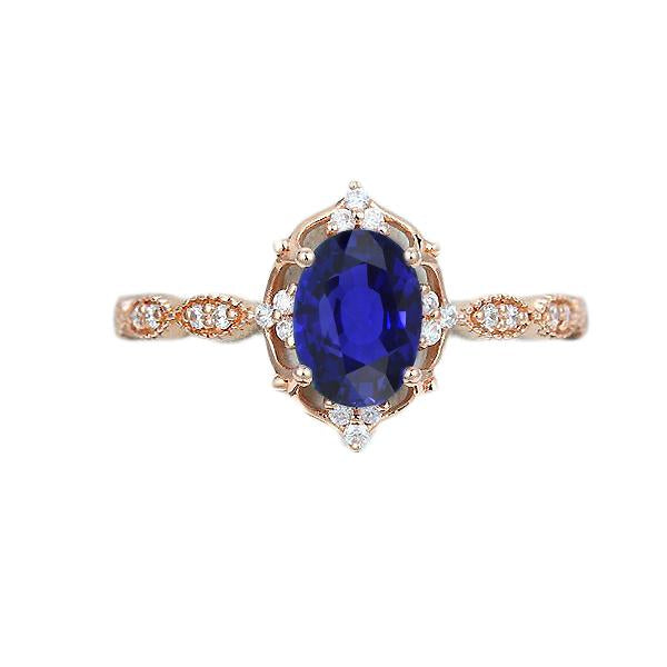 Anello in oro rosa con diamante Halo stile vintage con zaffiro blu 3 carati - harrychadent.it