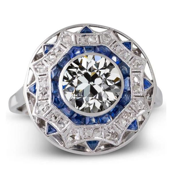 Anello in oro stile stella Gioielli Art Déco Nuovo zaffiro blu e diamante a taglio antico