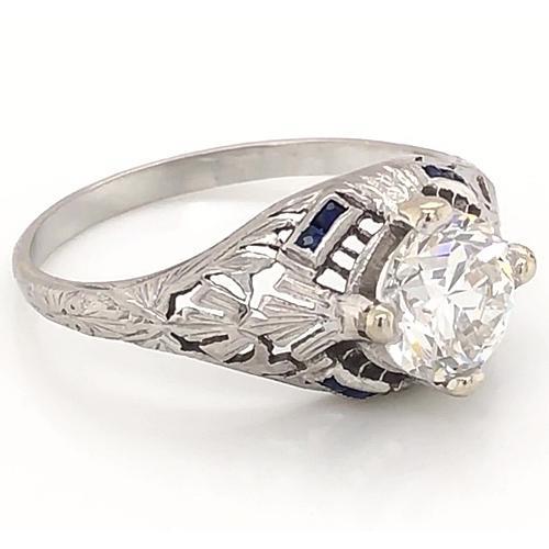 Anello in stile antico con diamante 1.50 carati in oro bianco con zaffiro blu 14K - harrychadent.it