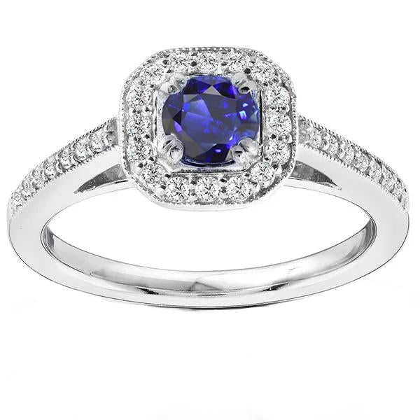 Anello in stile antico con diamante aureola e zaffiro blu 3 carati con gambo Milgrain - harrychadent.it