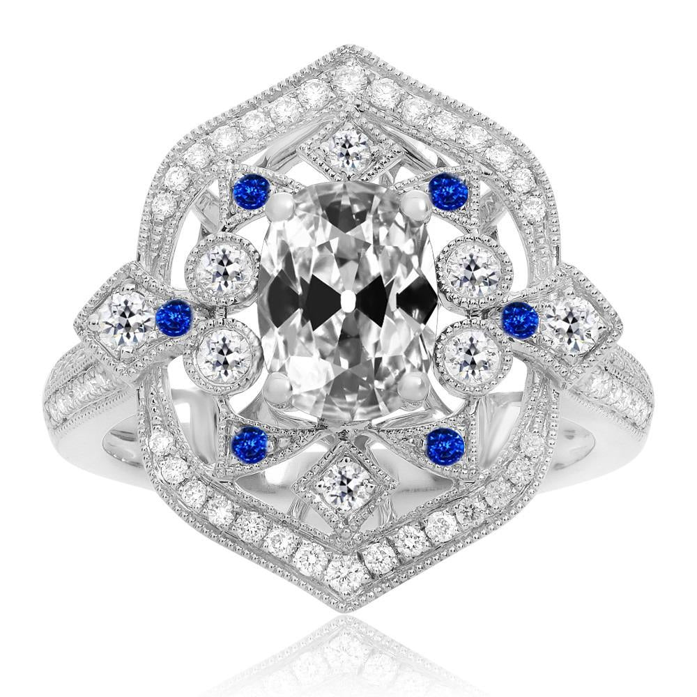 Anello ovale con diamanti a taglio antico e zaffiro blu Halo Vintage Style 7 carati - harrychadent.it