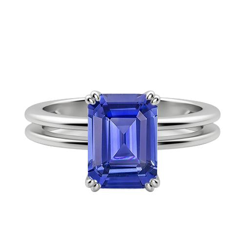 Anello solitario con zaffiro blu smeraldo a doppia punta con gambo diviso 2 carati - harrychadent.it