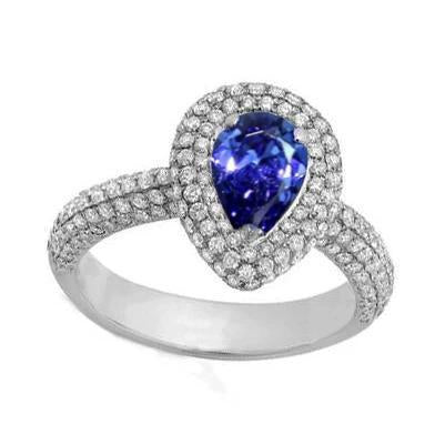 Anello in oro bianco 14k con diamante rotondo a pera centrale con zaffiro blu 2.30 carati