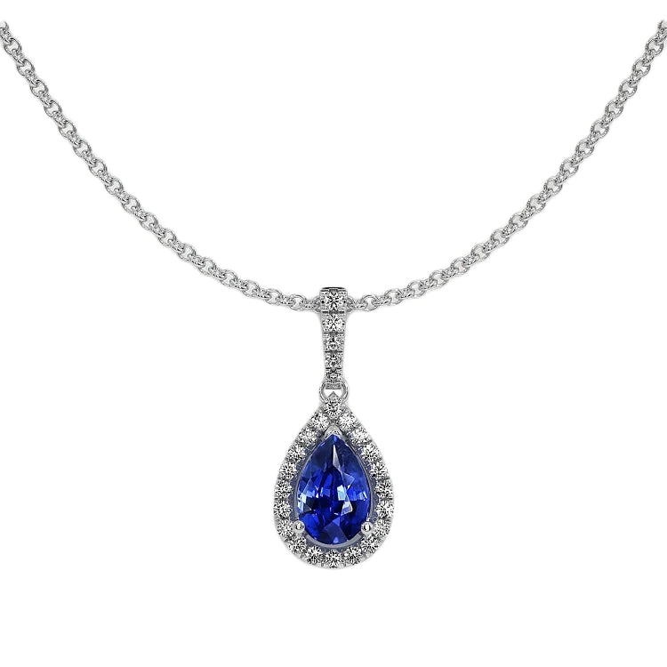 Ciondolo Halo in oro bianco con pera, zaffiro e collana di diamanti 2 carati - harrychadent.it
