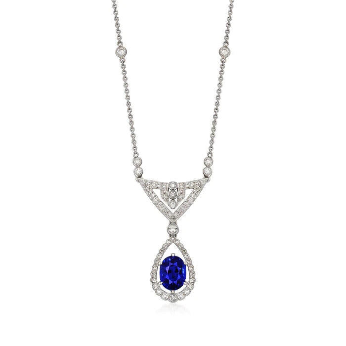 Ciondolo Halo in oro con zaffiro blu ovale e collana di diamanti 2 carati - harrychadent.it