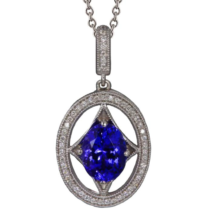 Collana con pendente in oro bianco 14K . con tanzanite blu e diamanti 3.00 ct - harrychadent.it