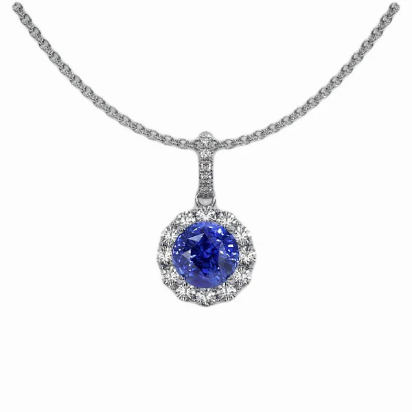 Collana con pendente in zaffiro blu rotondo da 2 carati e diamanti in oro 14K - harrychadent.it