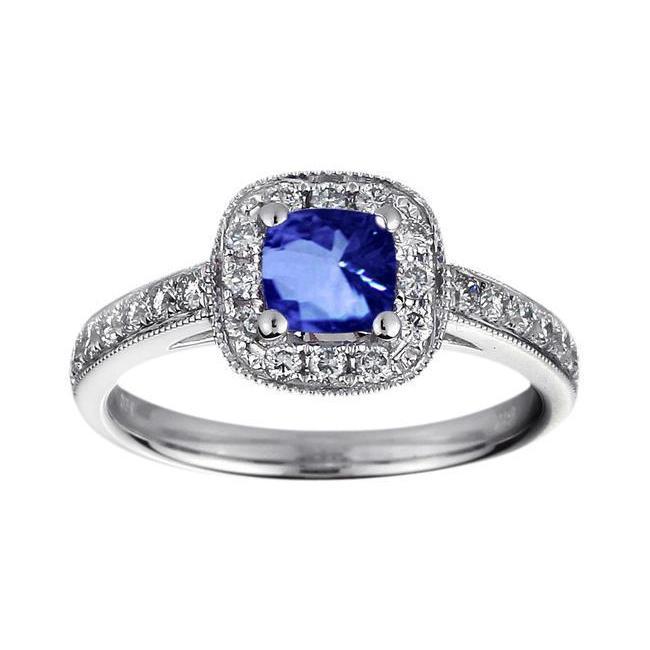 Cuscino Sri Lanka Blu Zaffiro Diamante 1.25 Ct. Anello Oro Bianco 14K - harrychadent.it