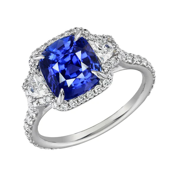 Cuscino Taglio Zaffiro E Diamanti Anello