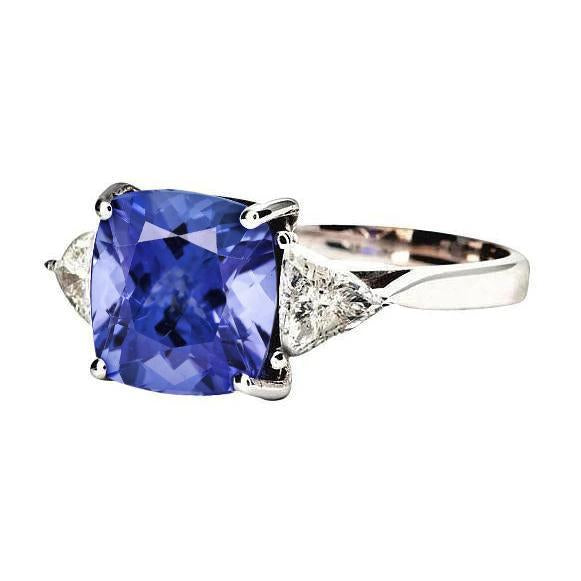 Cuscino Tanzanite AAA Diamanti 3 Carati Anello 3 Pietre Oro Bianco 14K - harrychadent.it