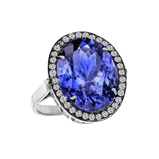 Fede nuziale ovale con tanzanite e diamanti. 9.01 carati. oro bianco 14K - harrychadent.it