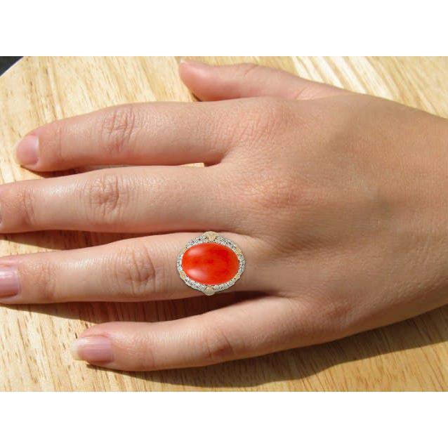 Fede nuziale ovale in corallo rosso con diamanti 11.20 ct 14k oro giallo 14k - harrychadent.it