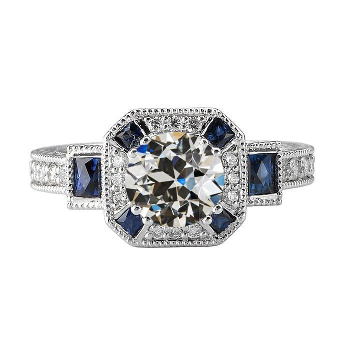 Gioielli Art Déco New Halo Old Mine Anello taglio zaffiri trapezoidali diamanti Ceylon 5 carati
