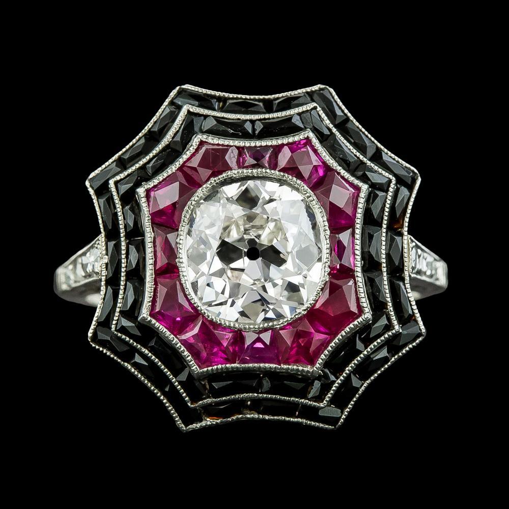 Halo Anello vecchio taglio Diamante Bezel Onice nero e zaffiri rosa 5 carati - harrychadent.it