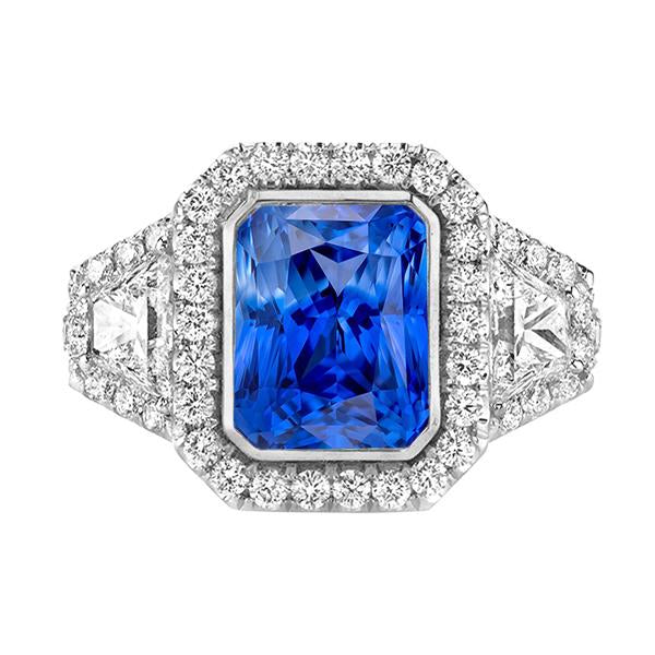 Halo Bezel Set Anello con zaffiro blu 4.50 carati Trapezio e diamante rotondo - harrychadent.it