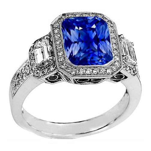 Halo Radiant Zaffiro Anello Milgrain Shank Baguette Diamanti 4 Carati - harrychadent.it