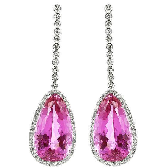 Orecchini pendenti in oro 14 kt con kunzite rosa taglio pera da 41.42 ct con diamanti - harrychadent.it
