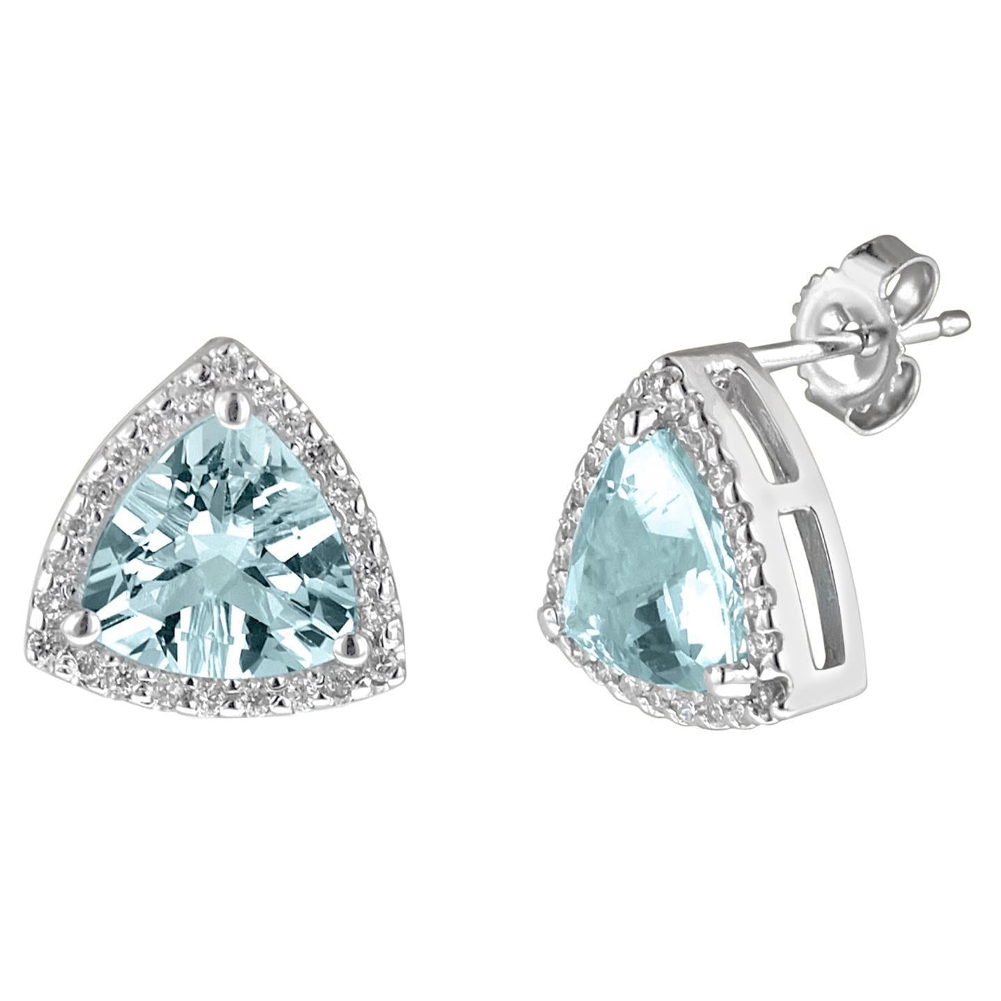 Orecchino a bottone con acquamarina taglio trilioni e diamante rotondo 5.98 carati - harrychadent.it