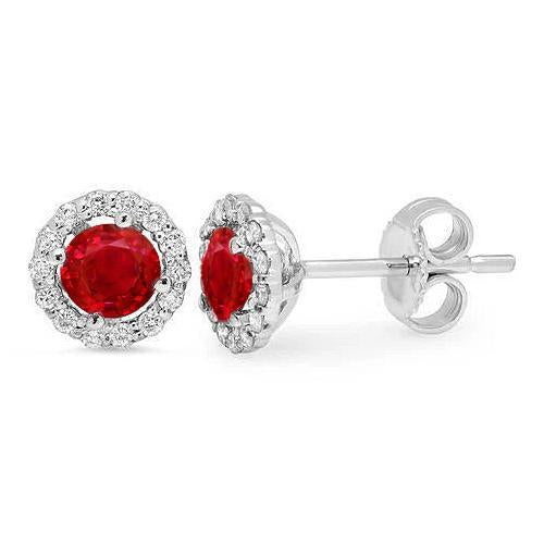 Orecchino a bottone con rubino rosso taglio rotondo e diamante aureola 2,40 ct. Oro bianco 14K - harrychadent.it