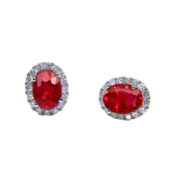 Orecchino a lobo in oro bianco 14 kt con rubini taglio ovale rosso e diamanti da 2,50 ct - harrychadent.it