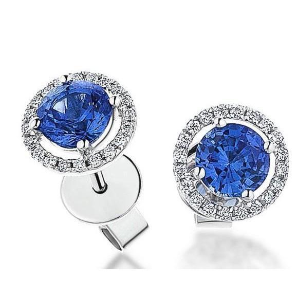 Orecchino a bottone da donna con zaffiro di Ceylon e diamante aureo da 4,40 ct. Oro bianco 14K - harrychadent.it