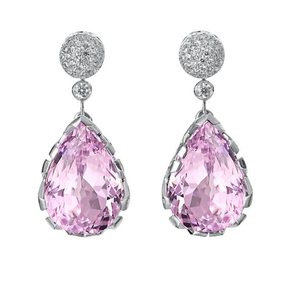 Orecchino pendente con kunzite taglio pera e diamante rotondo 8.70 carati WG 14K - harrychadent.it