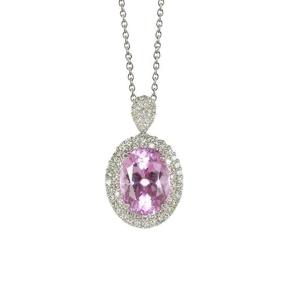 Pendente Kunzite Rosa Taglio Ovale E Diamante 15.50 Carati Oro Bianco 14K - harrychadent.it