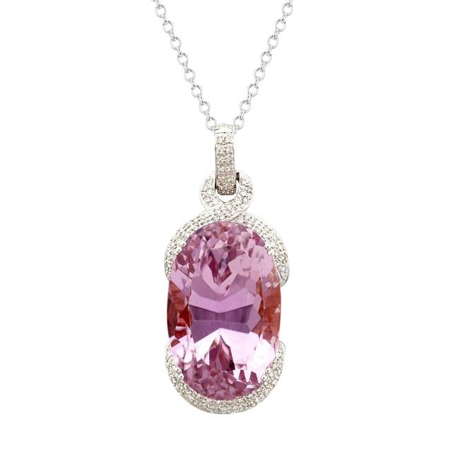 Pendente da donna in oro bianco con diamanti kunzite rosa grande taglio ovale 34.50 ct - harrychadent.it