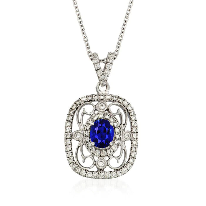 Pendente ovale stile vintage con zaffiro di Ceylon e diamanti 2,50 carati - harrychadent.it