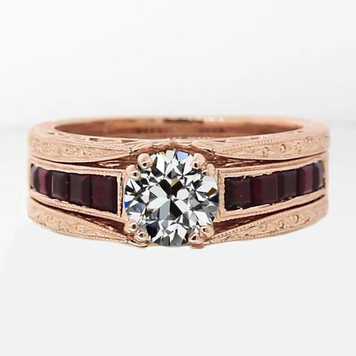 Set di fedi nuziali con diamanti a taglio antico e rubini a doppia punta 2 carati - harrychadent.it