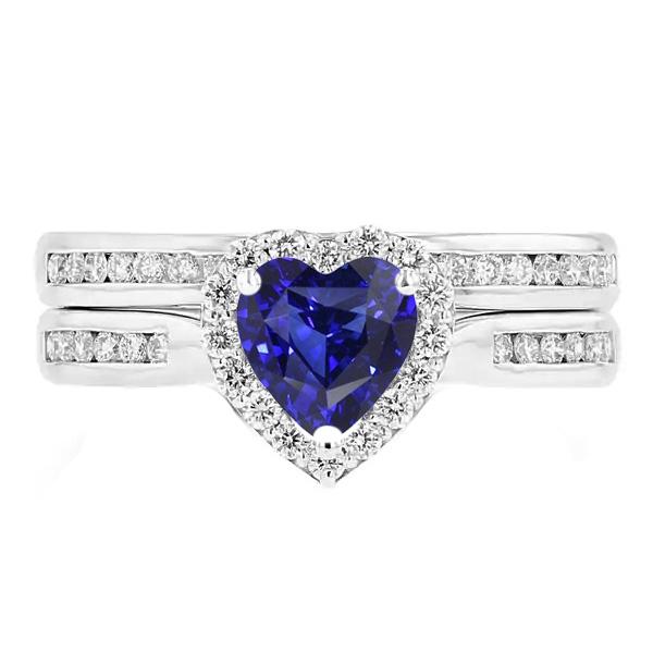 Set di fedi nuziali da donna Halo con zaffiro dello Sri Lanka tagliato a cuore 3.50 carati - harrychadent.it