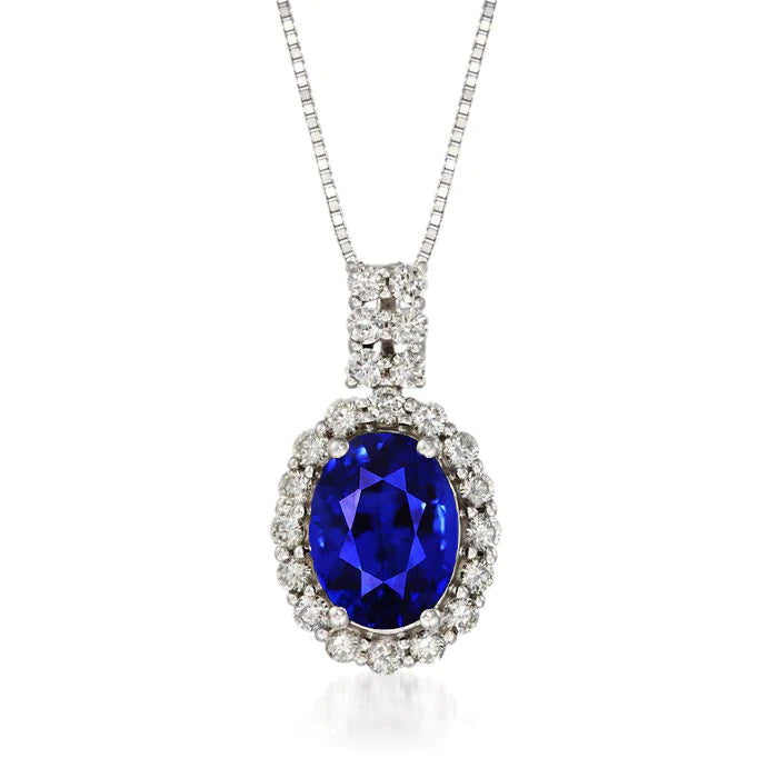 Set di griffe con ciondolo Halo con zaffiro ovale e diamante rotondo 3,50 carati - harrychadent.it