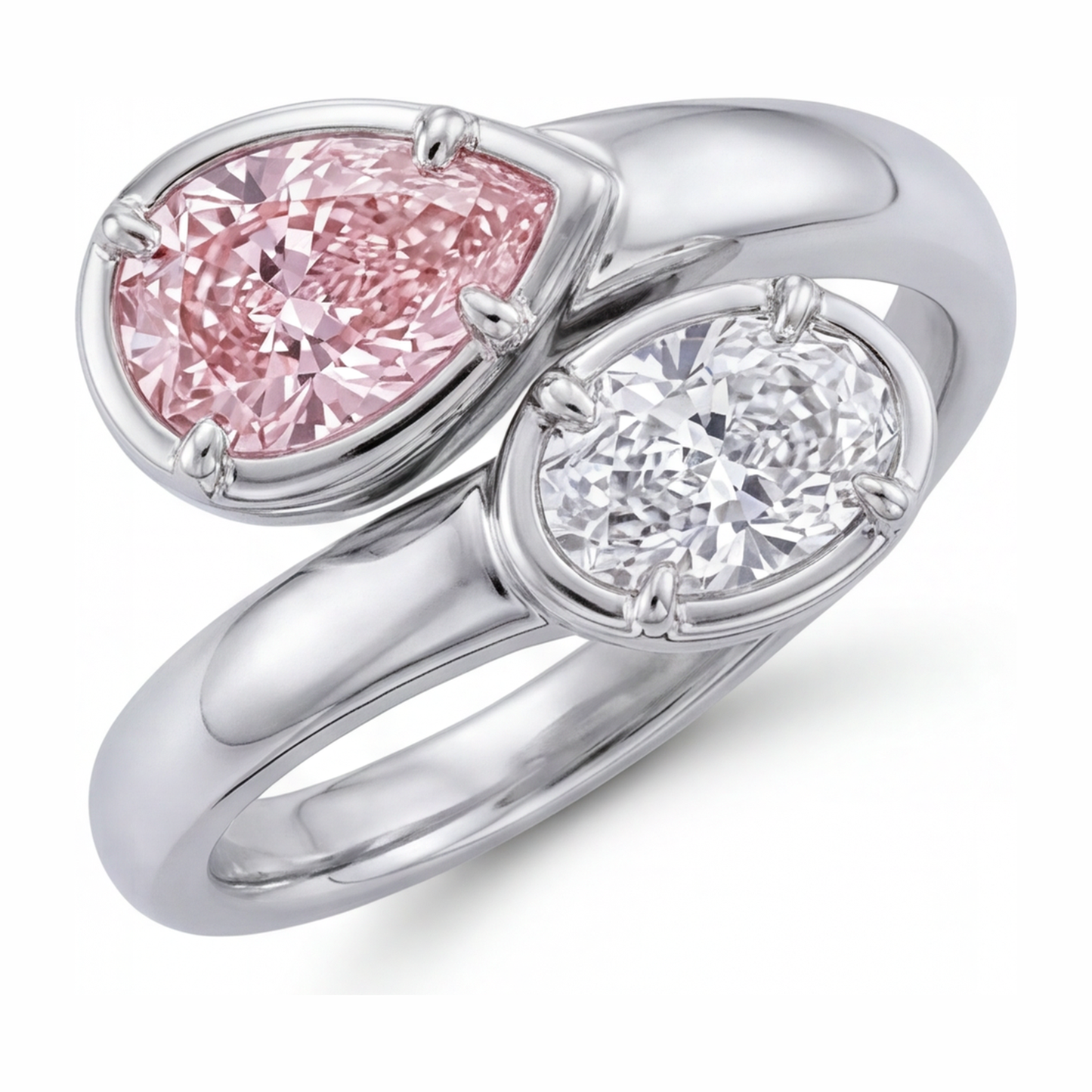Anello Contrarié con Diamante Rosa Ovale da Laboratorio da 1,75 Carati in Oro Bianco 14K